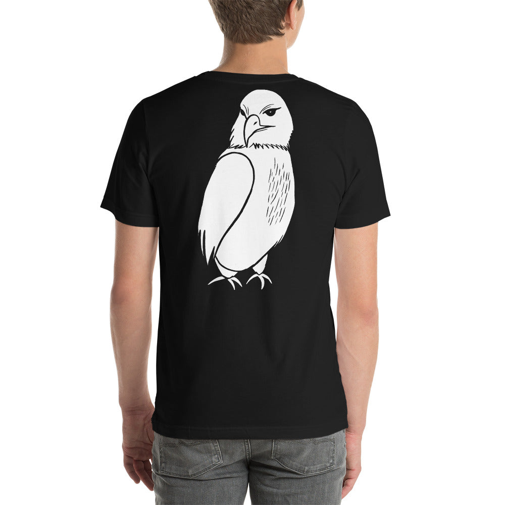 Rearview of Justin Hawkins T Shirt in black, Hawk logo