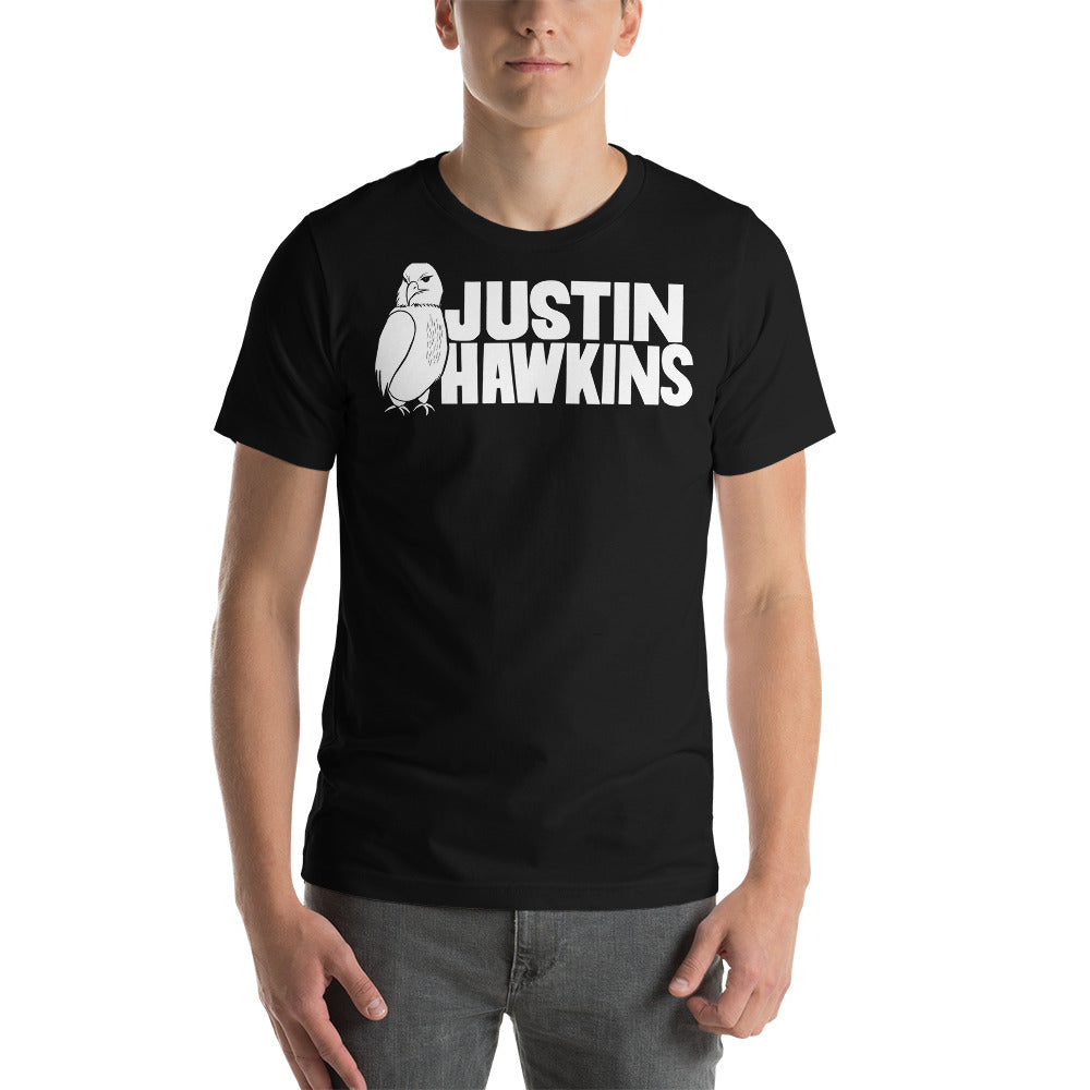 Front view of Justin Hawkins T Shirt, in black. Hawk logo with Justin Hawkins name